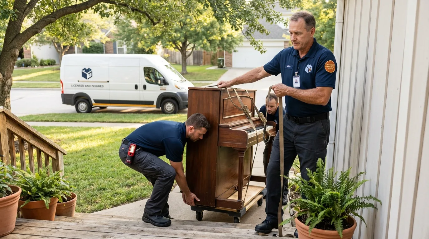 Licensed piano movers securing grand piano in Unalaska, AK
